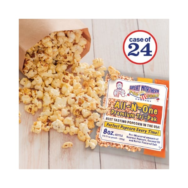 Palomitas de maíz Great Northern Great Northern Popcorn de 8 onzas Todo en Uno, 24 unidades, Maíz, Sal, Sazonador, Kits de Aceite de Coco - 719117KON