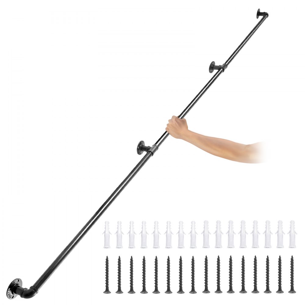 VEVOR Pipe Stair Handrail, 9FT Staircase Handrail, 440LBS Load Capacity Carbon Steel Pipe Handrail, Industrial Pipe Handrail with Wall Mount Support, Round Corner Wall Handrailings for Indoor, Outdoor - TZBGSLTFSGYG9VDEUV0