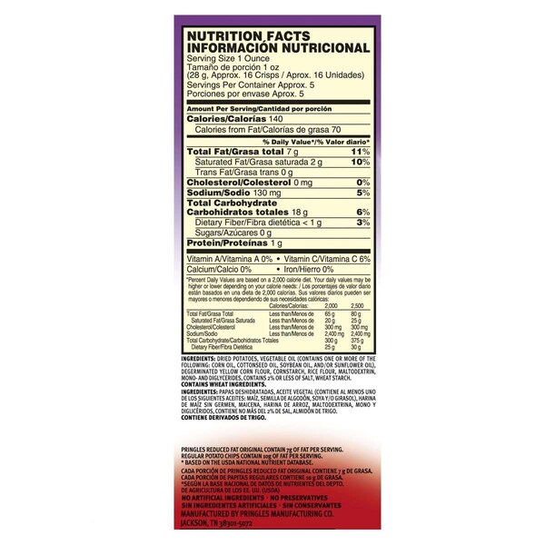 Pringles Pringles Original Reducidas en Grasa Papa Crujiente 4.9 oz., Paquete de 14 - 3800013865