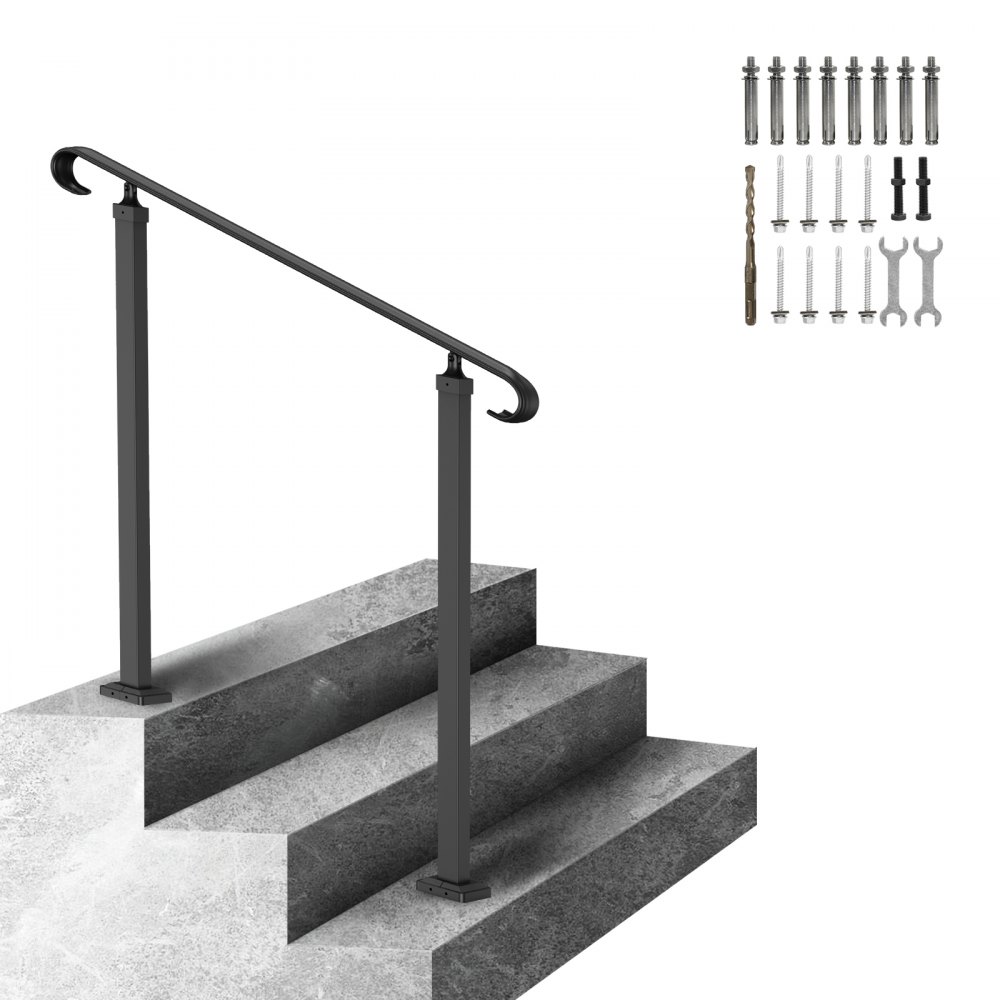 VEVOR Handrails for Outdoor Steps, Fit 1-3 Steps Outdoor Stair Railing, Wrought Iron Handrail, Adjustable Front Porch Hand Rail, Black Transitional Hand railings for Concrete Steps or Wooden Stairs - LTFS1MLZFS0000001V0