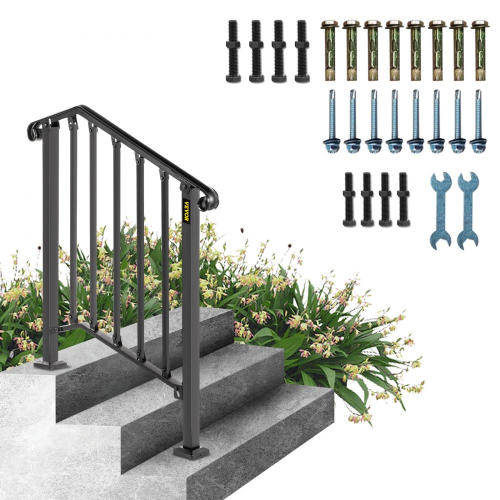 VEVOR Handrails for Outdoor Steps, Fit 2 or 3 Steps Outdoor Stair Railing, Picket#2 Wrought Iron Handrail, Flexible Porch Railing, Black Transitional Handrails for Concrete Steps or Wooden Stairs - LTFS2H3BHSTL00001V0