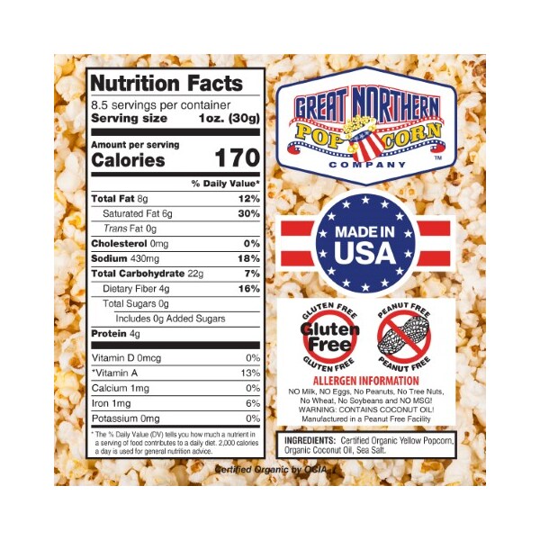 Palomitas de maíz Great Northern 4138 certificadas como orgánicas, 8 oz, al estilo antiguo, paquetes de porciones de palomitas de maíz Great Northern 18 piezas - 443551KIE
