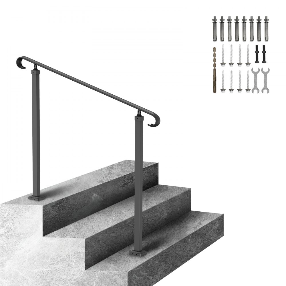VEVOR Handrails for Outdoor Steps, Fit 1-3 Steps Wrought Iron Handrail, Outdoor Stair Railing, Adjustable Front Porch Hand Rail, Black Transitional Hand railings for Concrete Steps or Wooden Stairs - LTFS1.2MLZFS00001V0