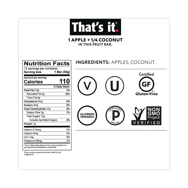 Eso es todo. Barra de nutrición, fruta de manzana y coco sin gluten, barra de 1.2 oz, paqute de 12 - 1022COCO