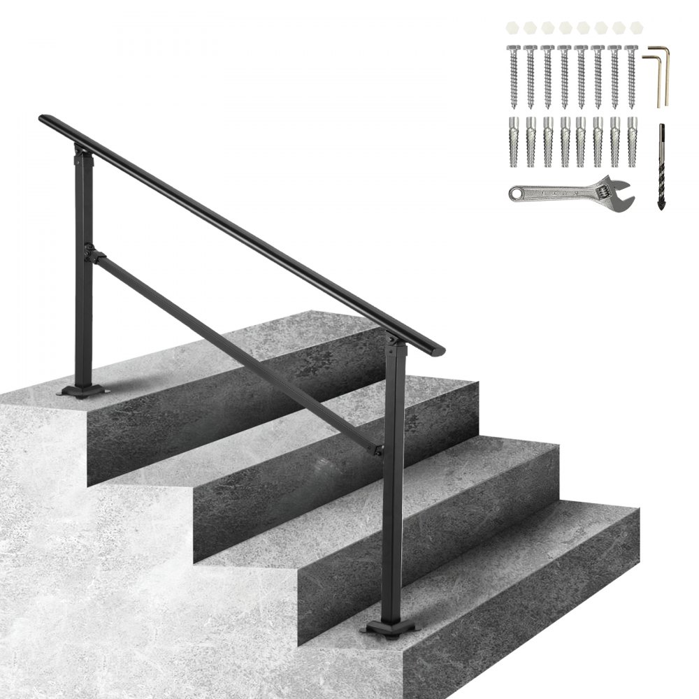 VEVOR Outdoor Stair Railing, Fits for 1-4 Steps Transitional Wrought Iron Handrail, Adjustable Exterior Stair Railing, Handrails for Concrete Steps with Installation Kit, Matte Black Outdoor Handrail - TZFGZXSLZFSB3FQB9V0