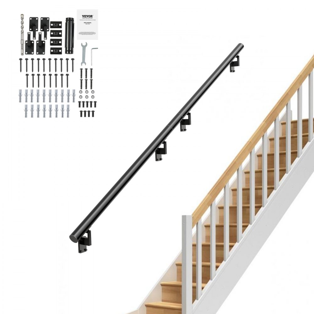 VEVOR Handrail Stair Railing, 12 ft, Wall Mount Handrails for Indoor Stairs, Thickened Aluminum Alloy Hand Rail with Installation Kit, 440 LBS Load Capacity Stairway Railing for Outdoor Stairs - SNLZYX12FT5CM7RZ1V0