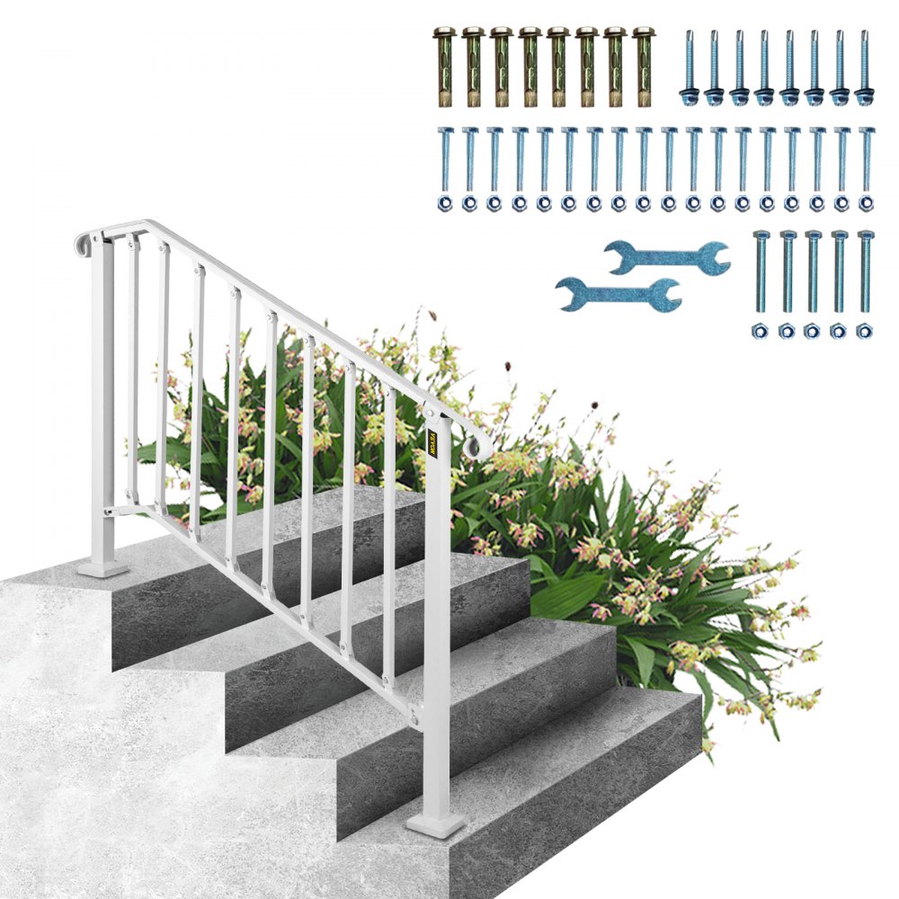 VEVOR Fit 3 or 4 Steps Outdoor Stair Railing, Handrails for Outdoor Steps, Picket#3 Wrought Iron Handrail, Flexible Porch Railing, White Transitional Handrails for Concrete Steps or Wooden Stairs - LTFS3H4BBSTL00001V0
