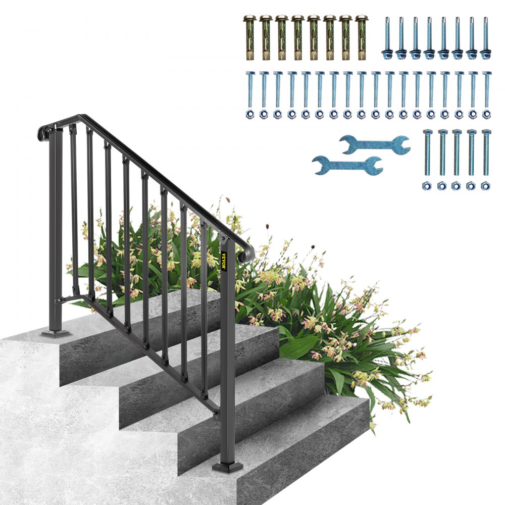 VEVOR Handrails for Outdoor Steps, Fit 3 or 4 Steps Outdoor Stair Railing, Picket#3 Wrought Iron Handrail, Flexible Porch Railing, Black Transitional Handrails for Concrete Steps or Wooden Stairs - LTFS3H4BHSTL00001V0