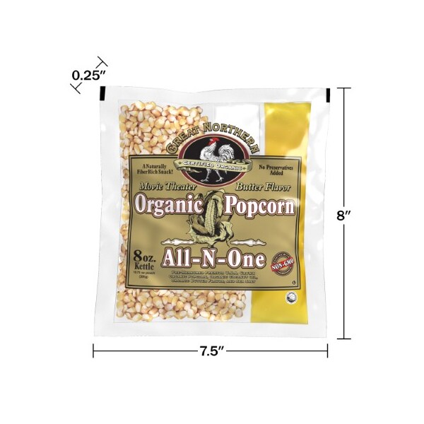 Palomitas de maíz orgánicas Great Northern 4147 certificadas de 8 oz para cine, paquetes individuales Great Northern Popcorn 18ct - 950500CTF.