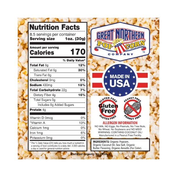 Palomitas de maíz orgánicas Great Northern 4147 certificadas de 8 oz para cine, paquetes individuales Great Northern Popcorn 18ct - 950500CTF.