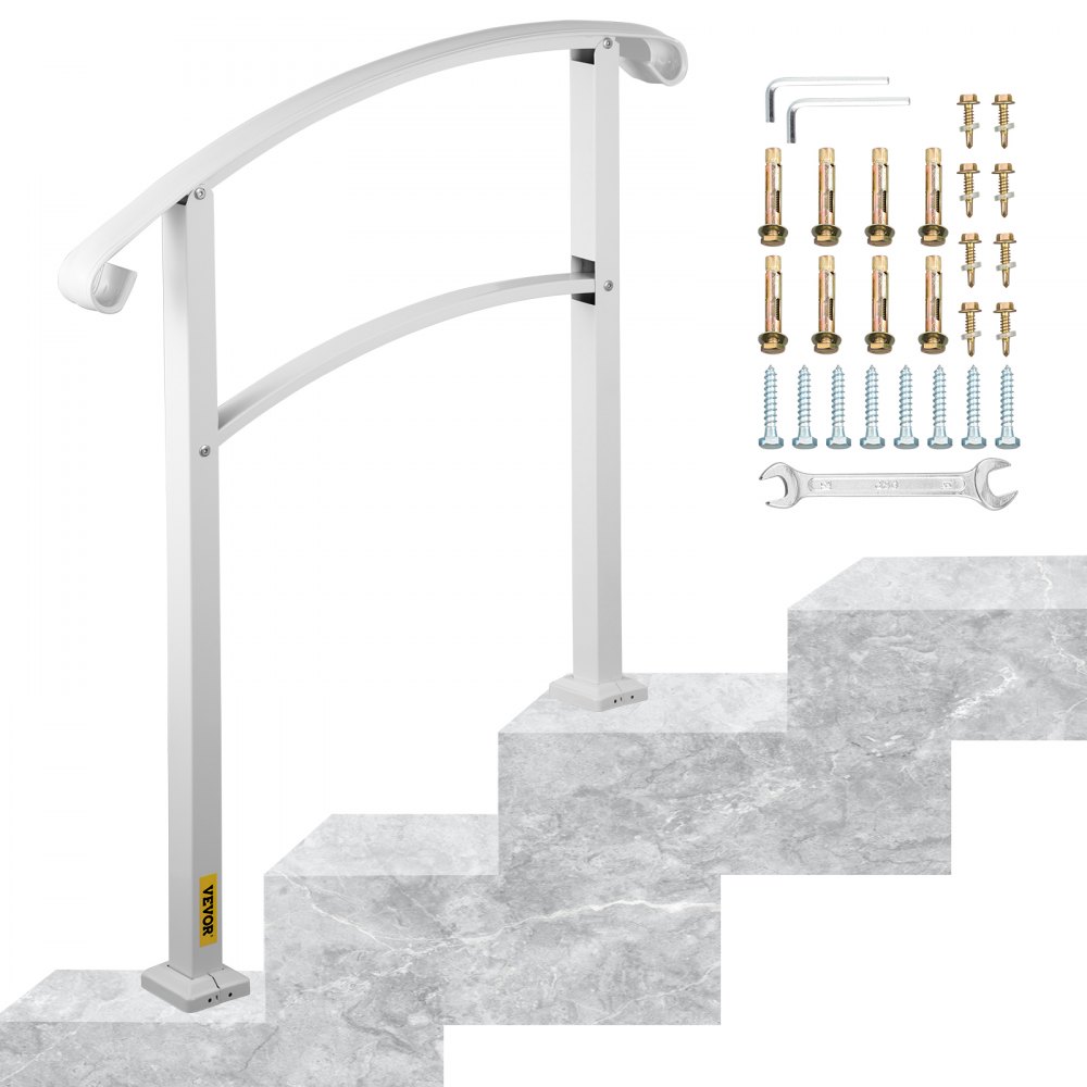 VEVOR 3-Step Handrails for Outdoor Steps Fits 1 or 3 Steps Matte White Stair Rail Wrought Iron Handrail with Installation Kit Hand Rails for Outdoor Step - LTFS3BBSLG0000001V0