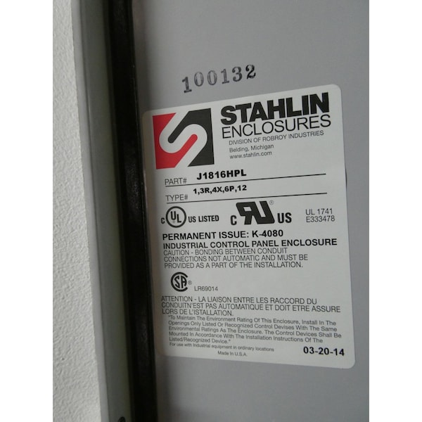 Stahlin Fiberglass Electrical Enclosures, 18 in H, 12 in D, 16 in W, Hinged - J1816HPL