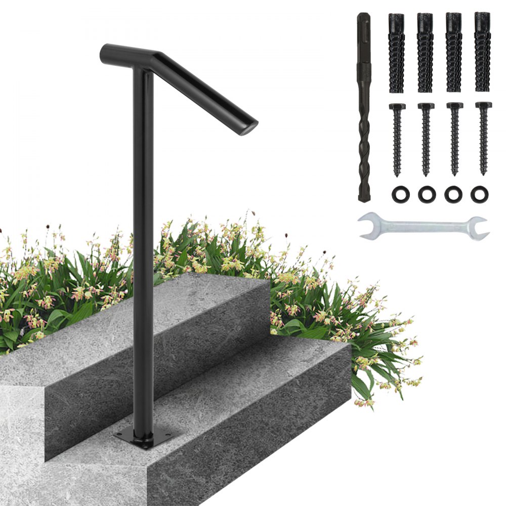 VEVOR Single Post 1-2, Black Steel Railing 441LBS Capacity Baking Varnish Iron Stairs Stylish Handrails for Outdoor Steps with Expansion Bolts & Drill Bit - LTFS2BXYGLZHS0001V0