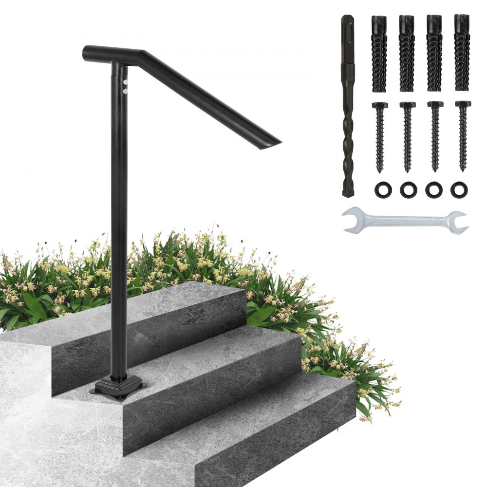 VEVOR 3Ft Step Railing, Iron Stair Handrail Floor Mounted Sturdy Black Arched Handrails for Outdoor Indoor Steps Fits 2 to 3 Steps - TFBXYGLZHS3C1XYBOV0