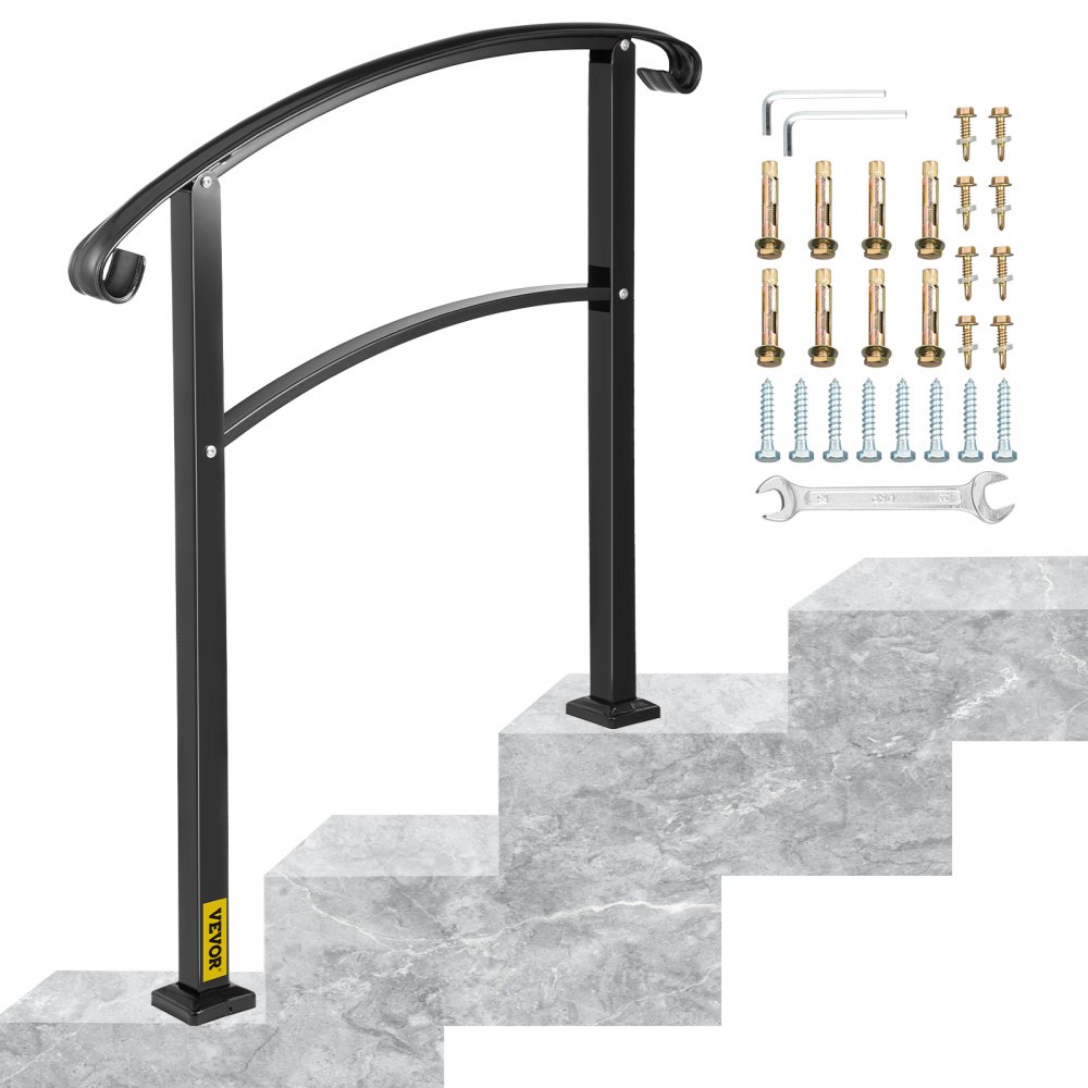 VEVOR 3-Step Transitional Handrail Fits 1 or 3 Steps Matte Stair Rail Wrought Iron Handrail with Installation Kit Hand Rails for Outdoor Steps (Unadjustable) (Black) - LTFS3BHSLG0000001V0