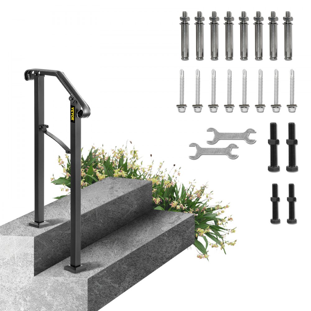 VEVOR Handrails for Outdoor Steps, Fit 1 or 2 Steps Outdoor Stair Railing, Arch#1 Wrought Iron Handrail, Flexible Porch Railing, Black Transitional Handrails for Concrete Steps or Wooden Stairs - LTFS1H2BHSGM00001V0