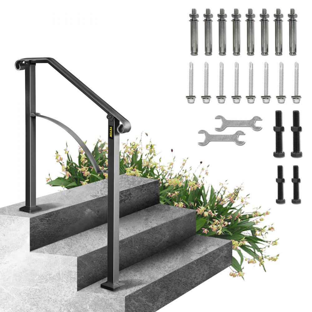 VEVOR Handrails for Outdoor Steps, Fit 2 or 3 Steps Outdoor Stair Railing, Arch#2 Wrought Iron Handrail, Flexible Porch Railing, Black Transitional Handrails for Concrete Steps or Wooden Stairs - LTFS2H3BHSGM00001V0