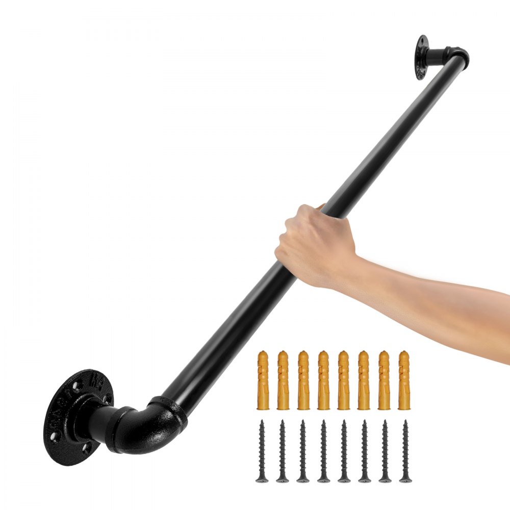 VEVOR Pipe Stair Handrail, 3FT Staircase Handrail, 440LBS Load Capacity Carbon Steel Pipe Handrail, Industrial Pipe Handrail with Wall Mount Support, Round Corner Wall Handrailings for Indoor, Outdoor - TZBGSLTFSGYG3UX23V0