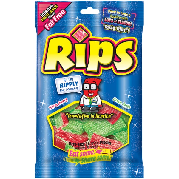 Pedazos de regaliz de fresa y manzana verde de tamaño bocado Rips Rips, 4 oz, paquete de 12 - 35326