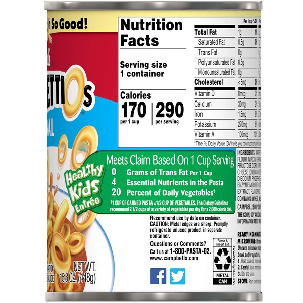 Campbells Campbell's Spaghetti O's Pasta de Tomate 15.8 oz. Lata, Paquete de 24 - 000023283