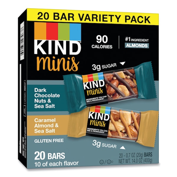 Kind Minis, Nueces de Chocolate Oscuro, Almendra con Sal de Mar/Caramelo, Sal de Mar, 0.7 oz, Paquete con 20 unidades - 27964