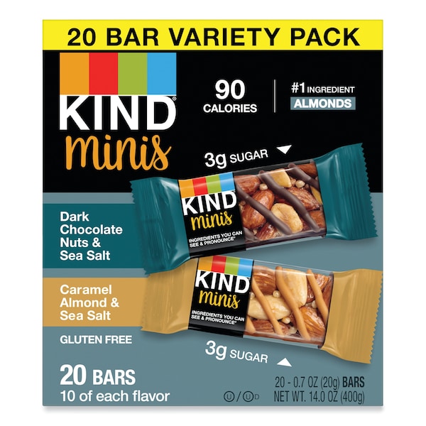 Kind Minis, Nueces de Chocolate Oscuro, Almendra con Sal de Mar/Caramelo, Sal de Mar, 0.7 oz, Paquete con 20 unidades - 27964