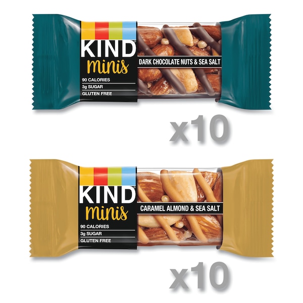 Kind Minis, Nueces de Chocolate Oscuro, Almendra con Sal de Mar/Caramelo, Sal de Mar, 0.7 oz, Paquete con 20 unidades - 27964