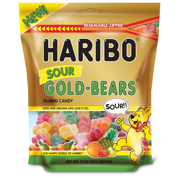 Bolsa resellable de nueve onzas de Haribo Confitería Sour Gold-Bears, paquete de 8 - 31233.