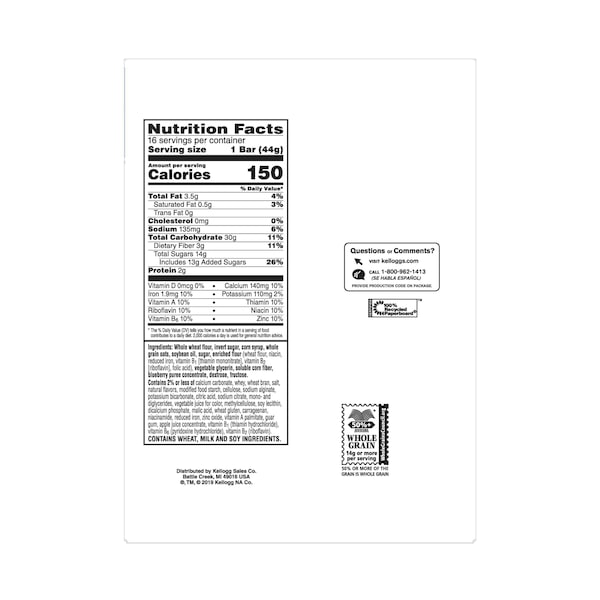 Kellogg's Barrita de Cereal Nutri-Grain de Arándano 1.55 oz, Paquete de 96 - 3800090819