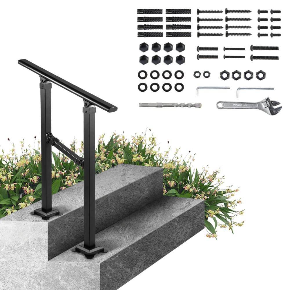 VEVOR Outdoor Stair Railing, Fits for 1-2 Step Transitional Wrought Iron Handrail, Adjustable Exterior Stair Railing, Handrails for Concrete Steps with Installation Kit, Matte Black Outdoor Handrail - TZFGZXSLZFSD1DO89V0