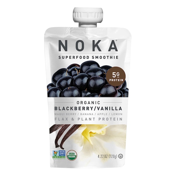 Batido de superfrutas Noka Noka de mora y vainilla en botella de 4.22 oz, paquete de 12 - 10851554006096