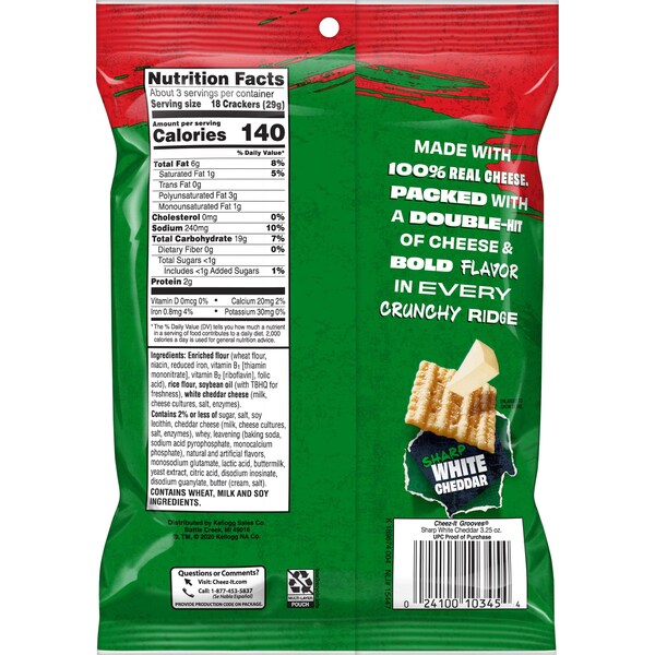 Galletas Cheez-It Grooves de Cheddar Blanco Afilado 3.25 oz. Bolsa, paquete de 6 - 2410093647