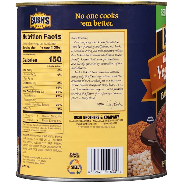 Mejores frijoles horneados vegetarianos Bush's Best con bajo contenido de sodio en lata #10, paquete de 6 - 01638