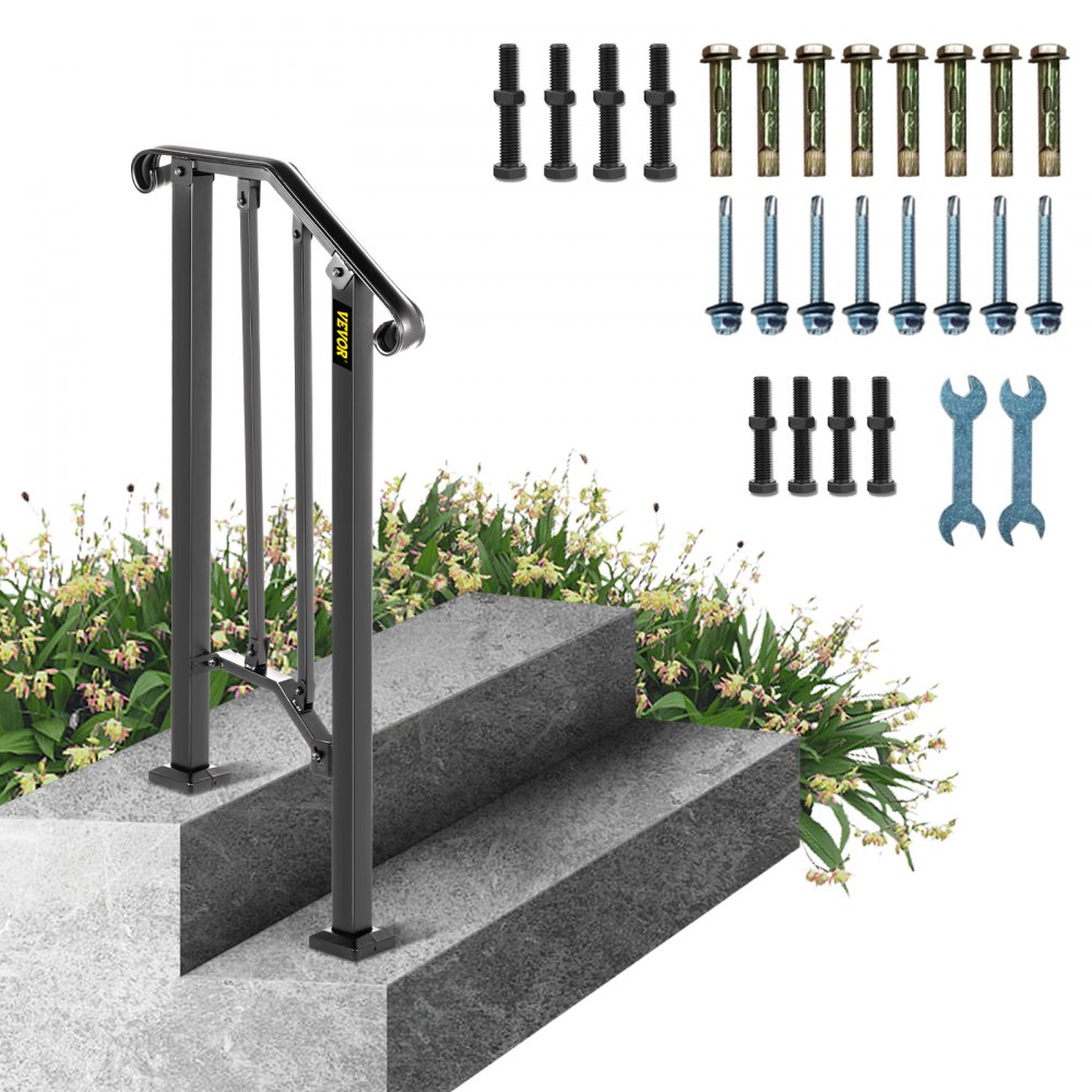VEVOR Handrails for Outdoor Steps, Fit 1 or 2 Steps Outdoor Stair Railing, Picket#1 Wrought Iron Handrail, Flexible Porch Railing, Black Transitional Handrails for Concrete Steps or Wooden Stairs - LTFS1H2BHSTL00001V0