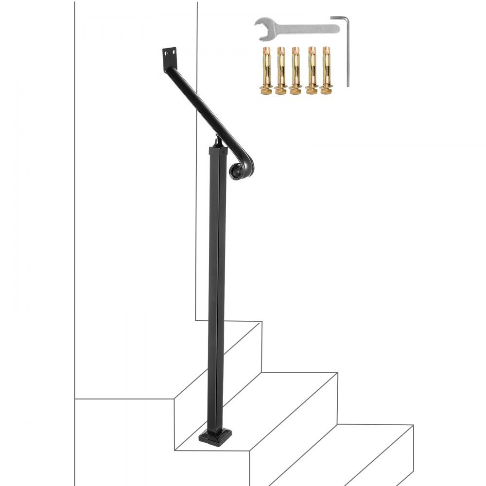 VEVOR Handrails for Outdoor Steps 1-2 Step Railings Wrought Iron Handrail Stair Railings for Steps Black Iron Railings for Steps Wall and Floor Mounted with Installation Kit - LTFS1BBGTYMLFS001V0