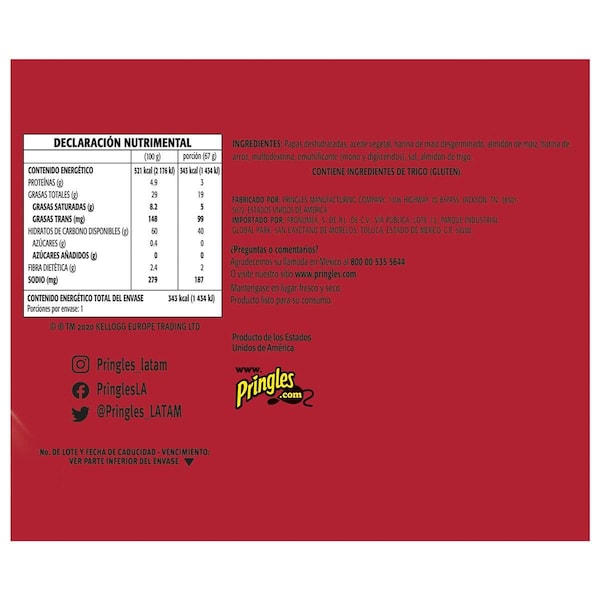 Pringles Papas Fritas Originales 2.3 oz., Paquete de 12 - 3800084563