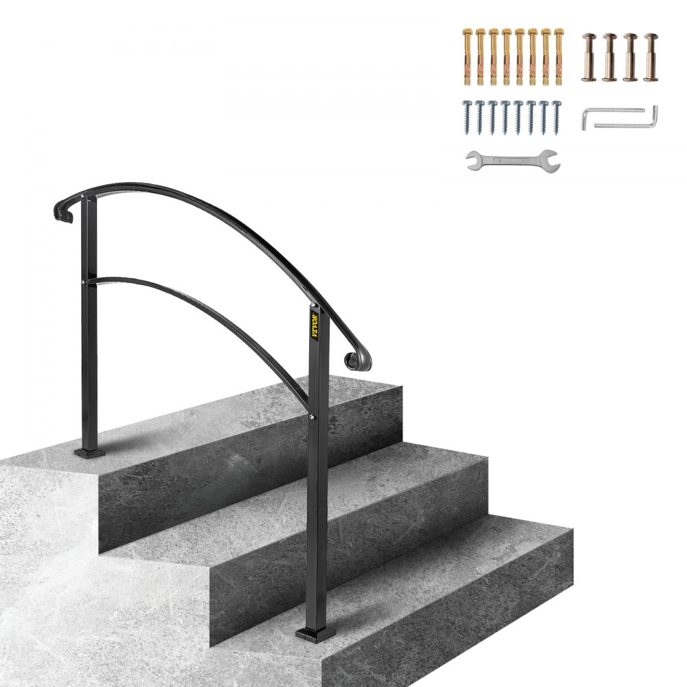 VEVOR Handrails for Outdoor Steps, Fit 1 or 3 Steps Outdoor Stair Railing, Black Wrought Iron Handrail, Flexible Front Porch Hand Rail, Transitional Handrails for Concrete Steps or Wooden Stairs - 3FTHWTYFSBLACK001V0