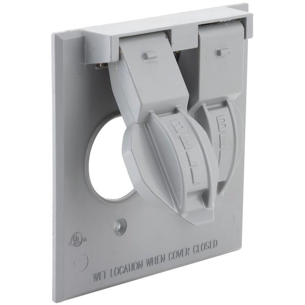 Hubbell Electrical Box Cover, 2 Gangs, Square, Aluminum, Flip/Snap Cover - 5157-0