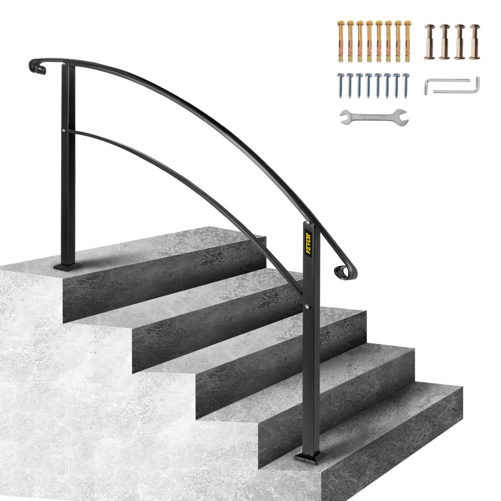 VEVOR Handrails for Outdoor Steps, Fit 1 or 5 Steps Outdoor Stair Railing, Black Wrought Iron Handrail, Flexible Front Porch Hand Rail, Transitional Handrails for Concrete Steps or Wooden Stairs - 5FTHWTYFSBLACK001V0