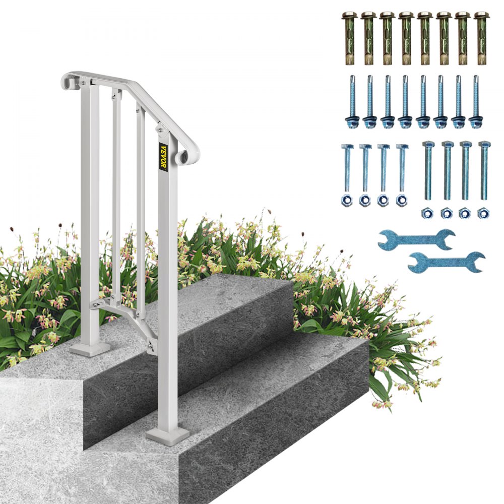 VEVOR Wrought Iron Handrail Fits 1 or 2 Steps Handrail Picket #1 Outdoor Stair Rail with Installation Kit for Outdoor Steps Hand Rails Matte White - LTFS1H2BBSTL00001V0