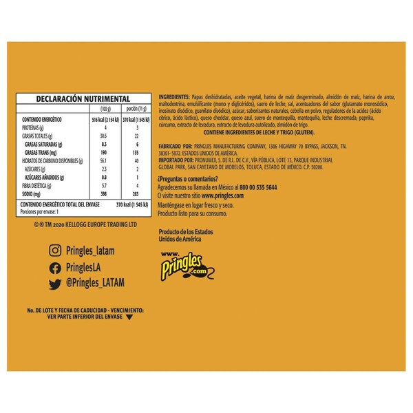 Pringles Pringles Agarra y Llévate Papa Crujiente de Queso Cheddar 2.5 oz., Paquete de 12 - 3800084561