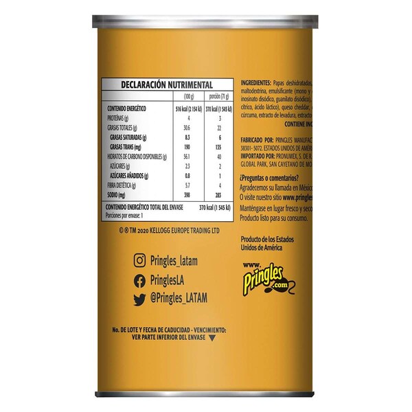 Pringles Pringles Agarra y Llévate Papa Crujiente de Queso Cheddar 2.5 oz., Paquete de 12 - 3800084561