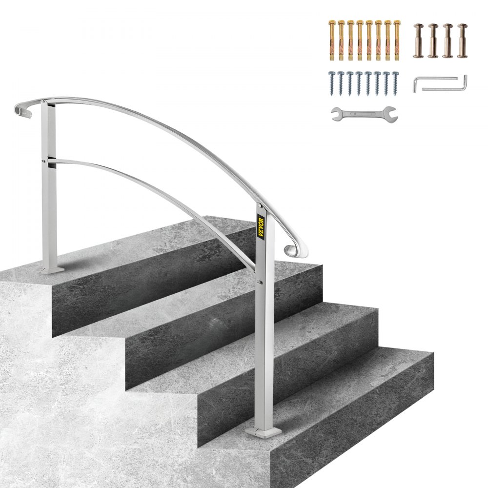 VEVOR Handrails for Outdoor Steps, Fit 1 or 4 Steps Outdoor Stair Railing, White Wrought Iron Handrail, Flexible Front Porch Hand Rail, Transitional Handrails for Concrete Steps or Wooden Stairs - 4FTHWTYFSWHITE001V0
