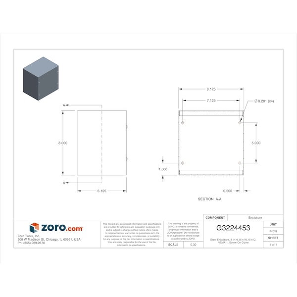 Wiegmann Carbon Steel Electrical Enclosures, 8 in H, 6 in D, 8 in W, NEMA 1, Screw On - SC080806GNK