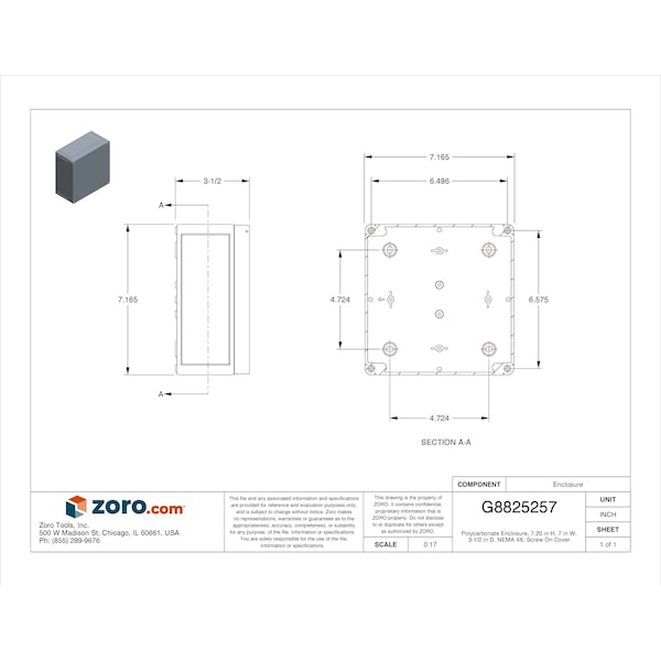 Rittal Polycarbonate Electrical Enclosures, 7.20 in H, 3-1/2 in D, 7 in W, NEMA 4X, Screw On - 9517000