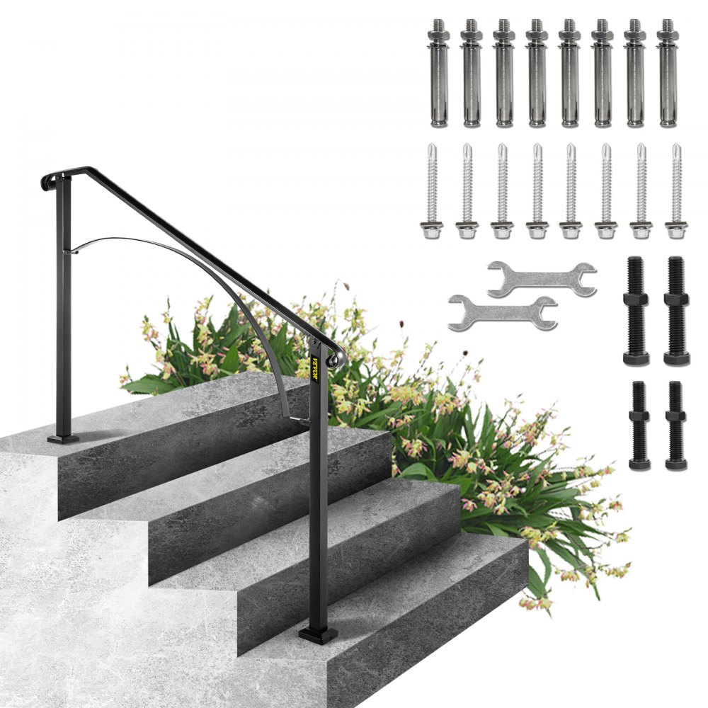 VEVOR Handrails for Outdoor Steps, Fit 3 or 4 Steps Outdoor Stair Railing, Arch#3 Wrought Iron Handrail, Flexible Porch Railing, Black Transitional Handrails for Concrete Steps or Wooden Stairs - LTFS3H4BHSGM00001V0