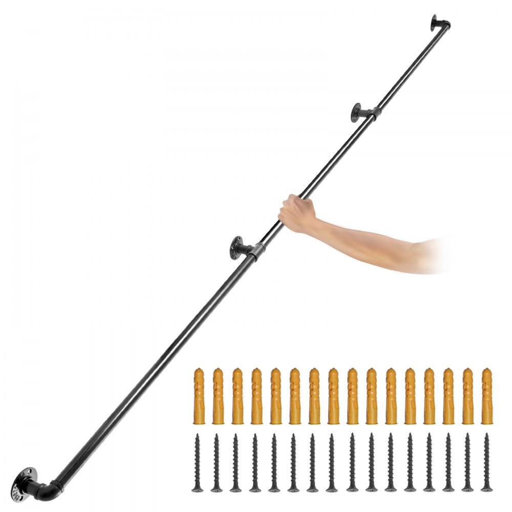 VEVOR Pipe Stair Handrail, 10FT Staircase Handrail, 440LBS Load Capacity Carbon Steel Pipe Handrail, Industrial Pipe Handrail with Wall Mount Support, Round Corner Wall Handrailing for Indoor, Outdoor - TZBGSLTFSGY10E0RRV0