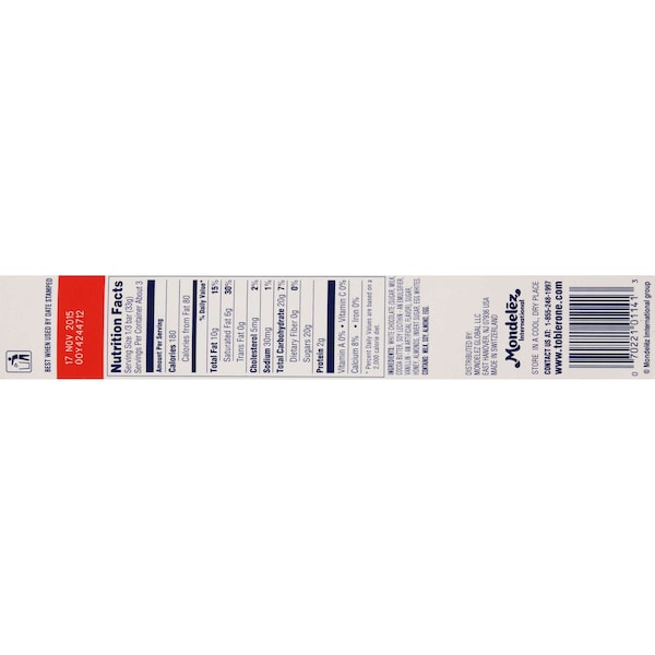 Toblerone 3.52 oz. Barra de Chocolate Blanco Toblerone, PK80 - 549