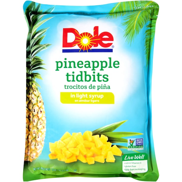 Dole Piña en Trocitos en Almíbar Ligero 81 oz. Bolsa, Paquete de 6 - 00567