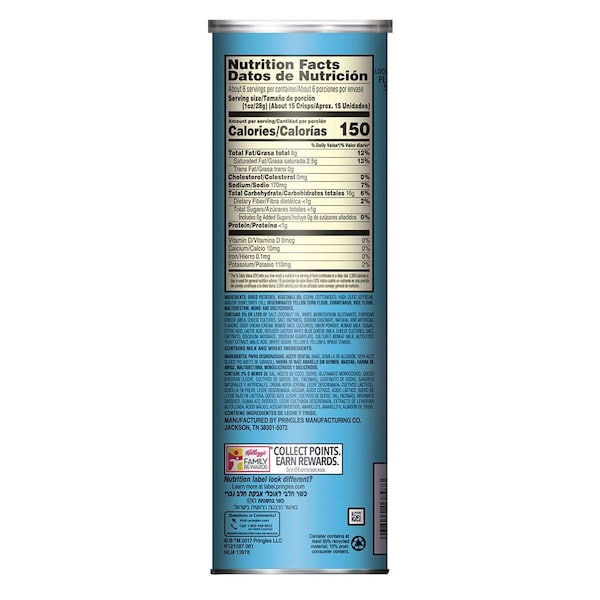 Pringles Papas Fritas de Papa con Queso Cheddar y Crema Agria de 5.5 oz, Paquete de 14 - 3800013895